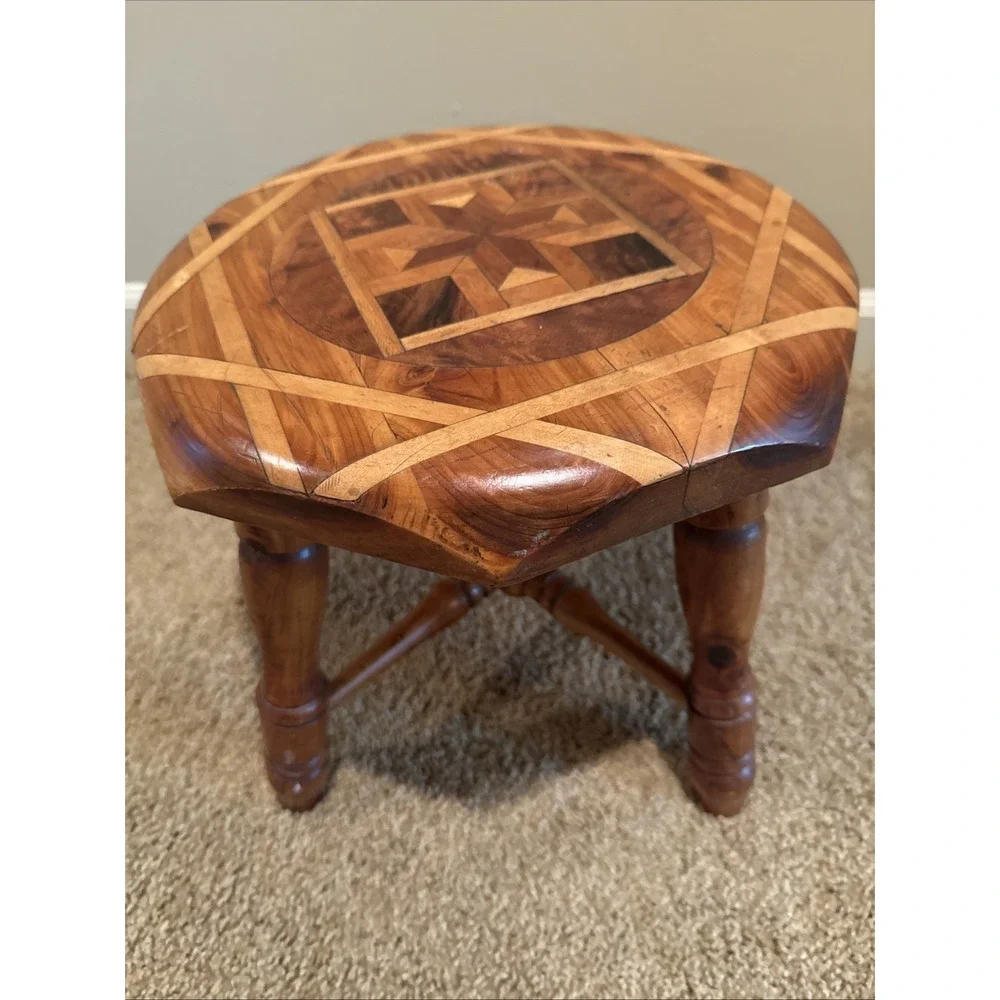 VTG Inlaid Wood Footstool Marquetry Geometric Pattern MCM 10.5